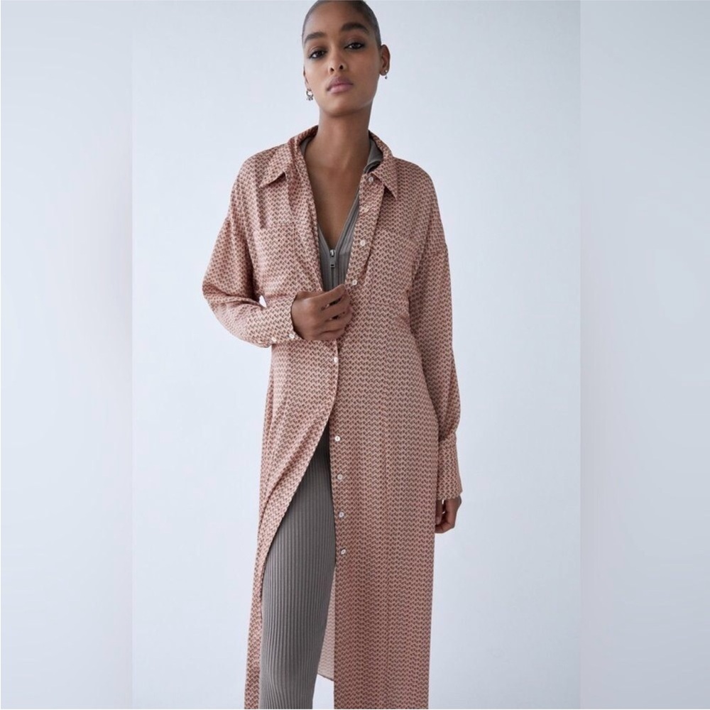 NWT Zara Long Sleeve Patterned Shirt Dress Size XS